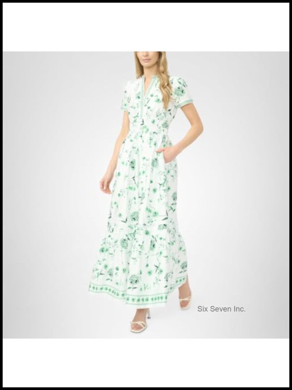 Short Sleeve V-Neck Double Elastic Waist Maxi Dress 100% Rayon